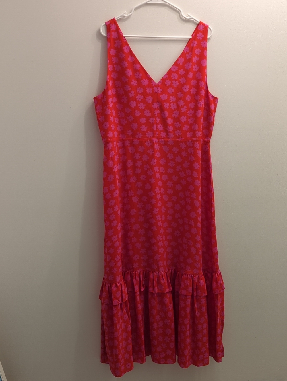 J. Crew Pink and Red Floral Silk V-Neck Midi Dress, Women's 16